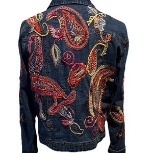 VTG Alexis & Avery Boho Denim Jacket Blue Jean Hippie Abstract Embroidered Sz M